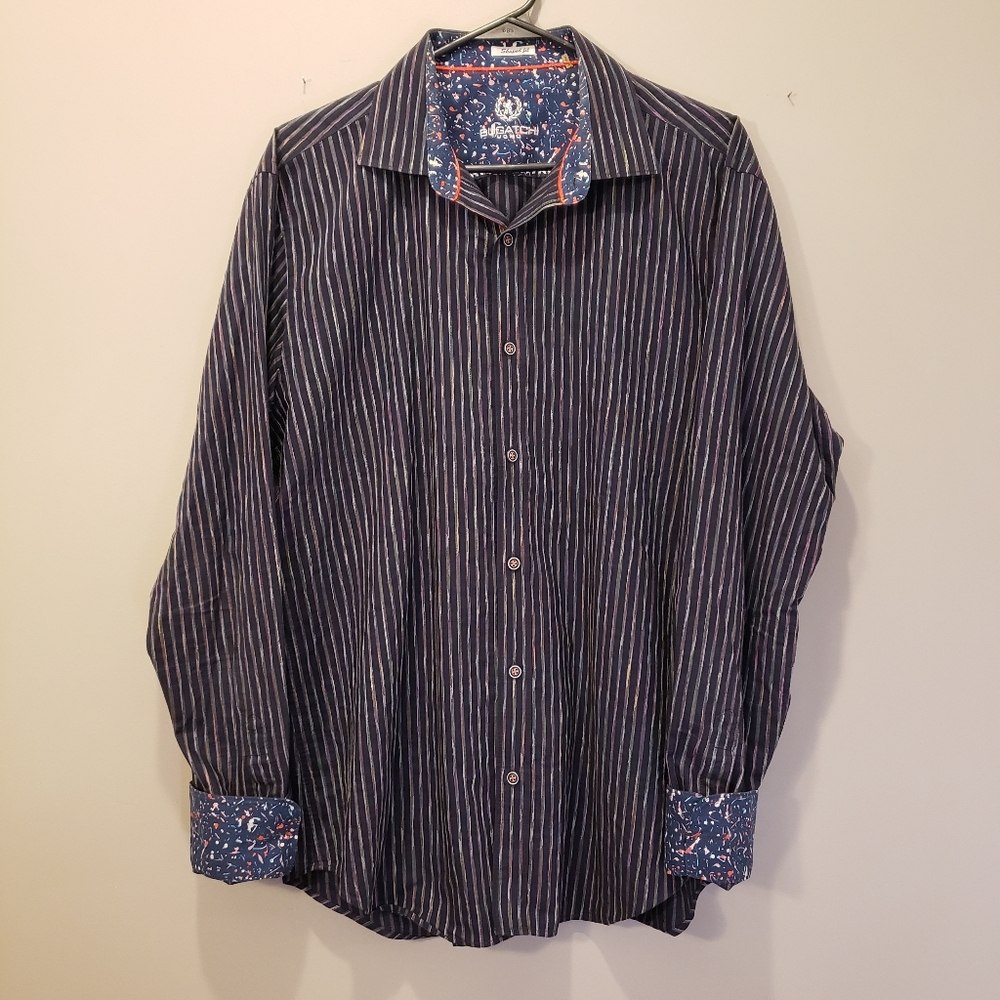 Bugatchi Uomo Shirt Mens Flip Cuff Multicolor Thread Stripe Button Down 44 Chest